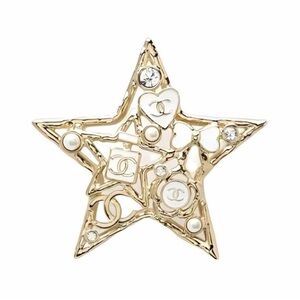 CHANEL Gold Star Logo Pin with Pearl and Crystal Accents